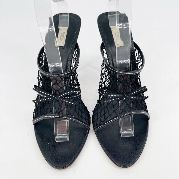 Prada Vintage Black Fishnet Bow Detail Retro Mule Slide Sandal Heel size IT 38.5 - Picture 6 of 11
